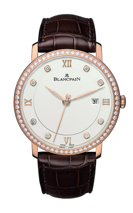 Blancpain 18K紅金鑲鑽超薄腕錶,849,000元。